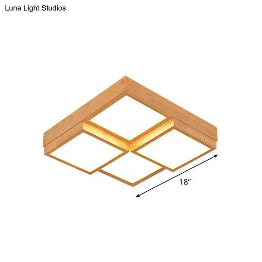 Modern Natural Wood Square Flush Mount Ceiling Light - 4/6/9-Light Led Wooden Fixture In