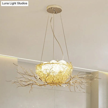 Modern Nest Pendant Light In Beige Aluminum - 3 Heads Chandelier Fixture For Dining Room