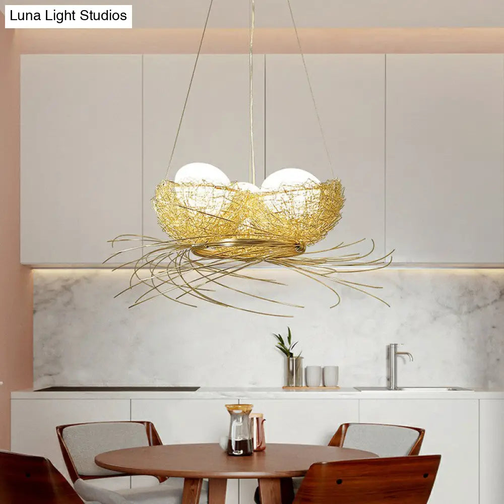 Modern Nest Pendant Light In Beige Aluminum - 3 Heads Chandelier Fixture For Dining Room
