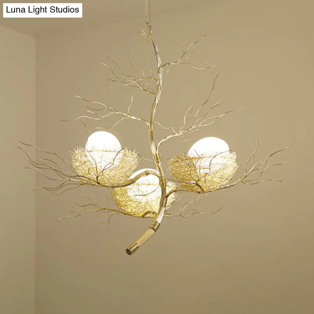 Modern Nest Pendant Light In Beige Aluminum - 3 Heads Chandelier Fixture For Dining Room