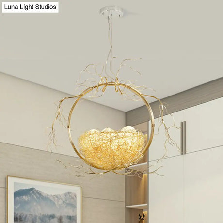 Modern Nest Pendant Light In Beige Aluminum - 3 Heads Chandelier Fixture For Dining Room