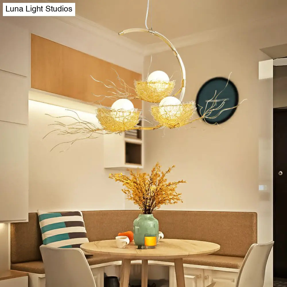 Modern Nest Pendant Light In Beige Aluminum - 3 Heads Chandelier Fixture For Dining Room