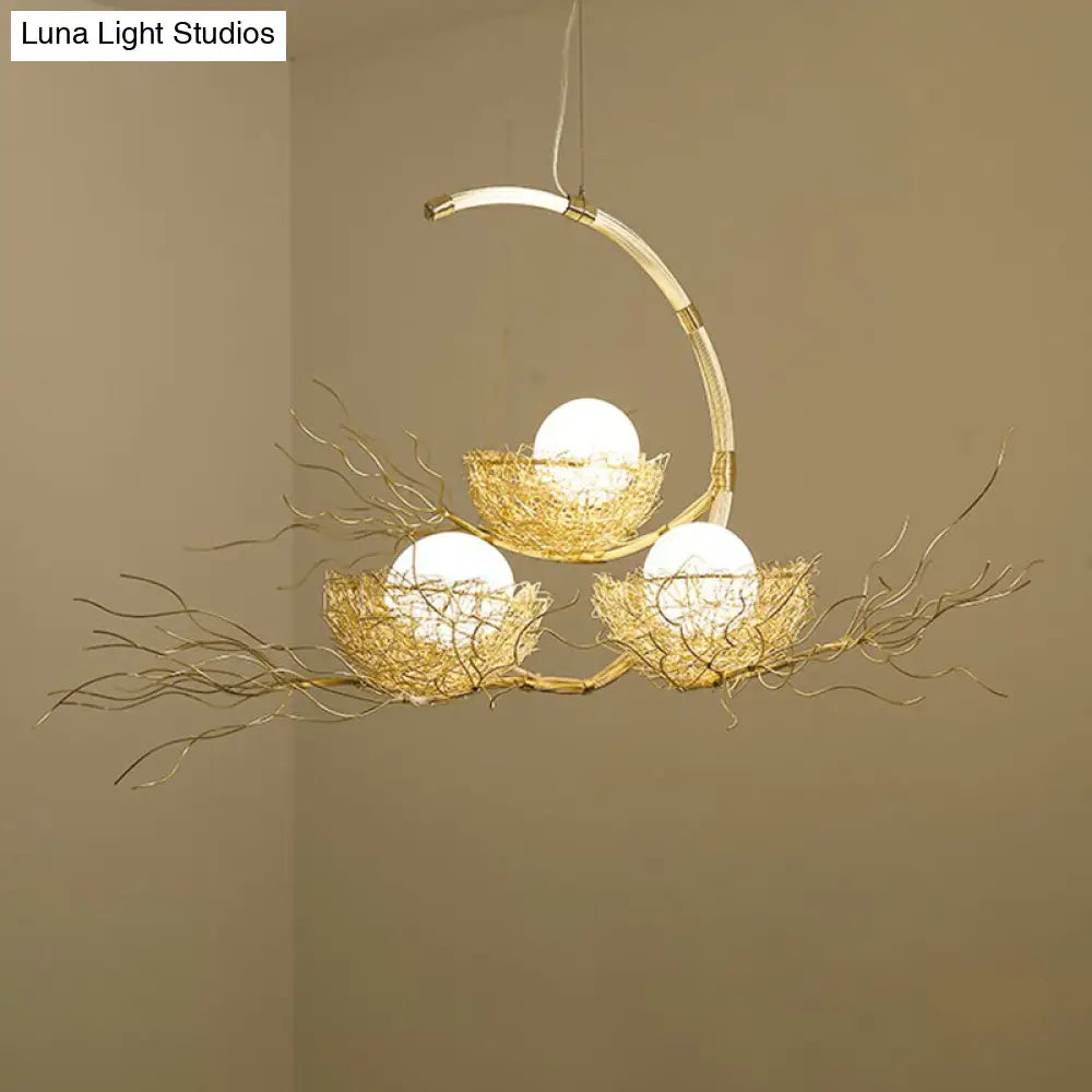Modern Nest Pendant Light In Beige Aluminum - 3 Heads Chandelier Fixture For Dining Room