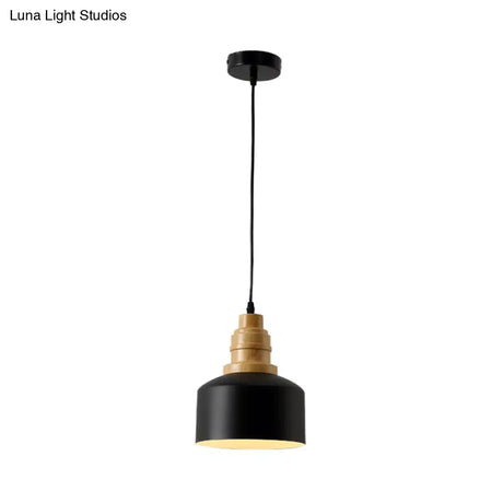 Modern Nordic Black Drum Hanging Pendant Lamp With Wooden Top - 1 Bulb Iron Ceiling Lighting