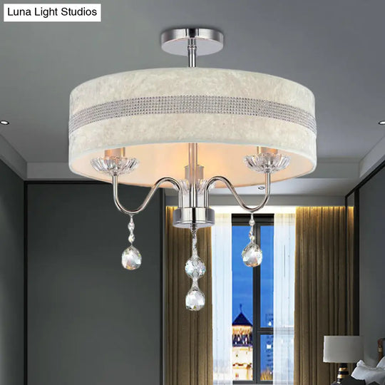 Nordic Drum Fabric Chandelier Light With Crystal Drop - Chrome Finish For Bedroom (3/4 Lights) 3 /