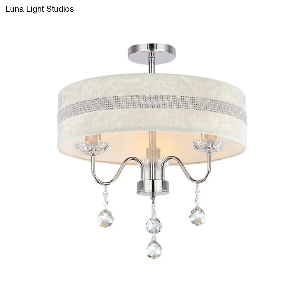 Nordic Drum Fabric Chandelier Light With Crystal Drop - Chrome Finish For Bedroom (3/4 Lights)