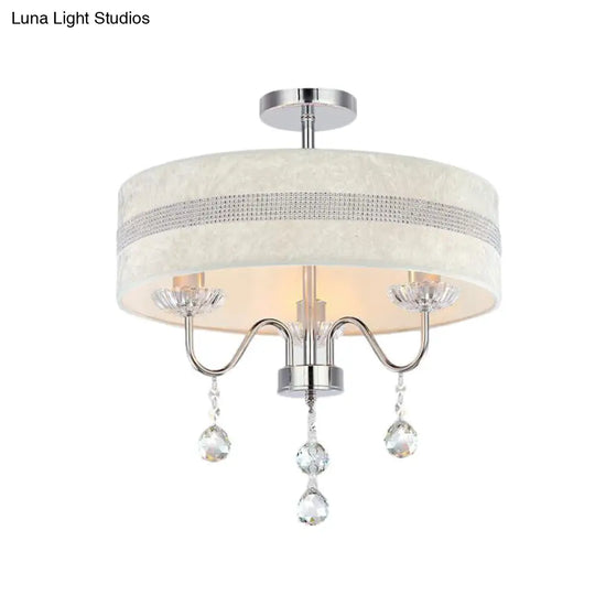 Nordic Drum Fabric Chandelier Light With Crystal Drop - Chrome Finish For Bedroom (3/4 Lights)