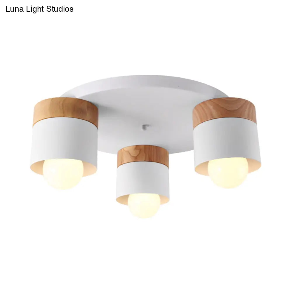 Modern Nordic Iron Cylinder Flush Mount Fixture With Wood Top - White 3 Bulb Ceiling For Bedroom
