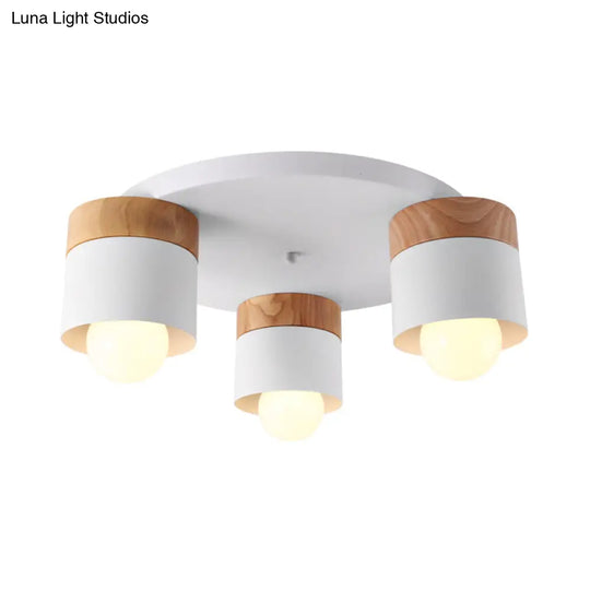 Modern Nordic Iron Cylinder Flush Mount Fixture With Wood Top - White 3 Bulb Ceiling For Bedroom