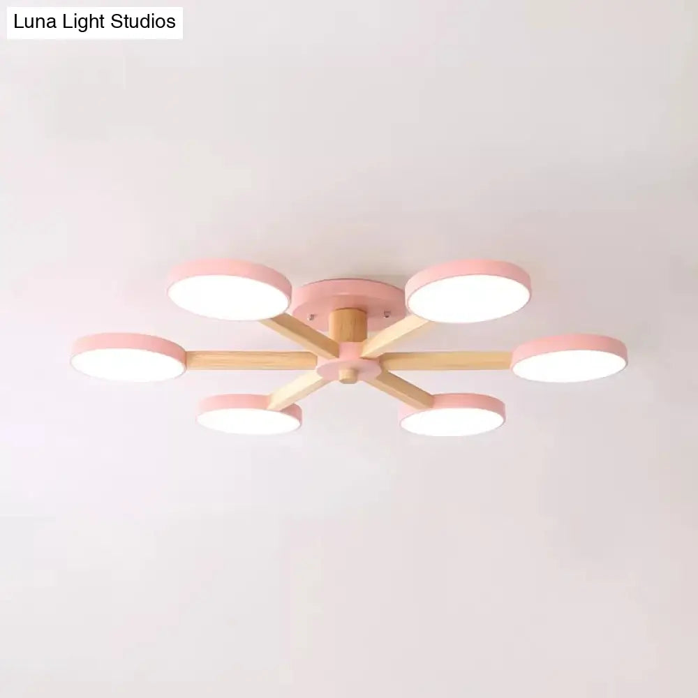 Modern Nordic Snowflake Ceiling Lamp - Semi Flush Mount 6-Head Metal Light For Dining Room Pink /