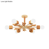 Modern Nordic Starburst Ceiling Mount Chandelier - Semi Flush & Light Wood Finish Exposed Bulb
