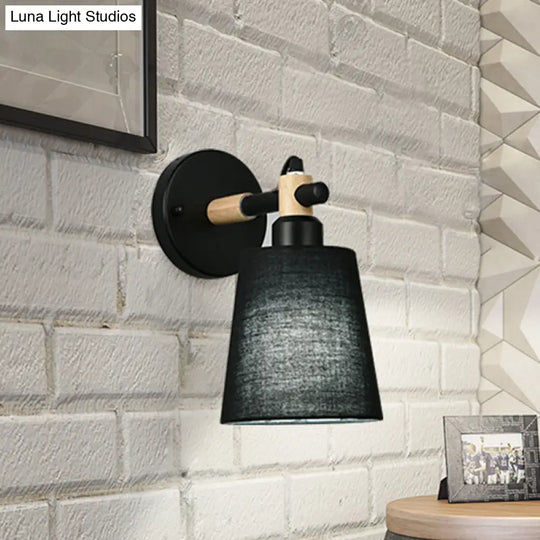 Modern Nordic Wall Lamp With Horn Shade And Wood Joint In Black/White - 1-Light Sconce
