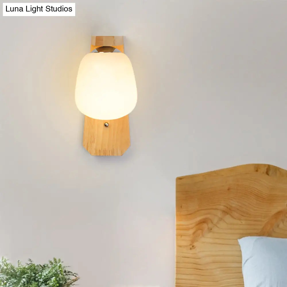 Modern Nordic Wooden Wall Lamp With Milky Glass Bud Shape & Right Angled Arm - 1 Bulb Light