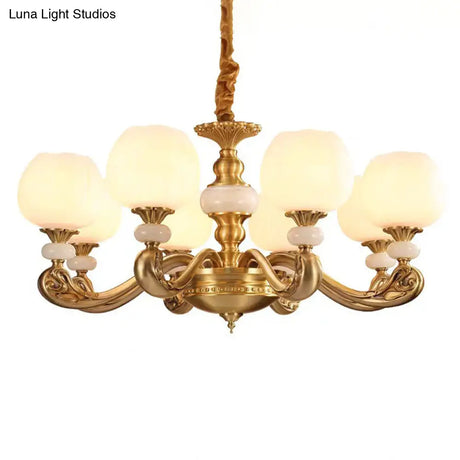 Modern Opal Glass Bud Pendant Chandelier With Brass Suspension And Curved Arm