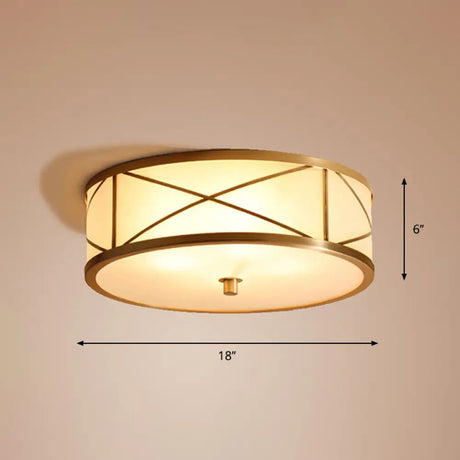Modern Opal Glass Ceiling Mounted Flushmount With Brass X Brace Fixture - Simplicity Drum Lighting