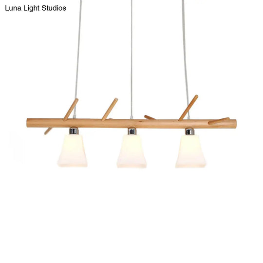 Modern Opal Glass Chandelier With 3-Light Island Lighting In Wood For Dining Room