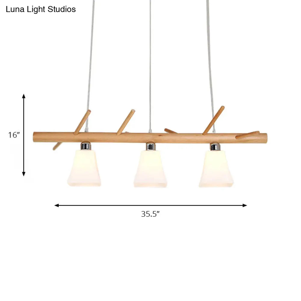 Modern Opal Glass Chandelier With 3-Light Island Lighting In Wood For Dining Room