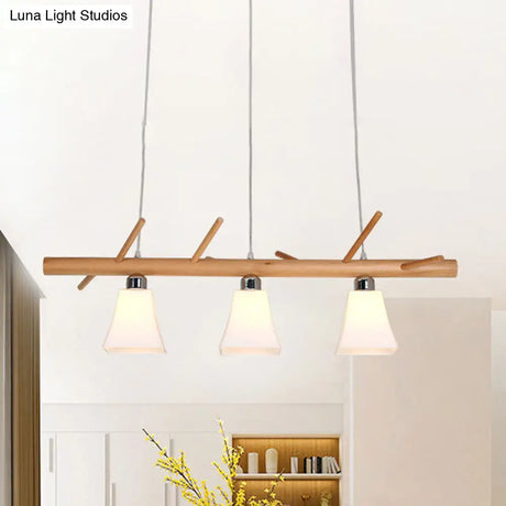 Modern Opal Glass Chandelier With 3-Light Island Lighting In Wood For Dining Room