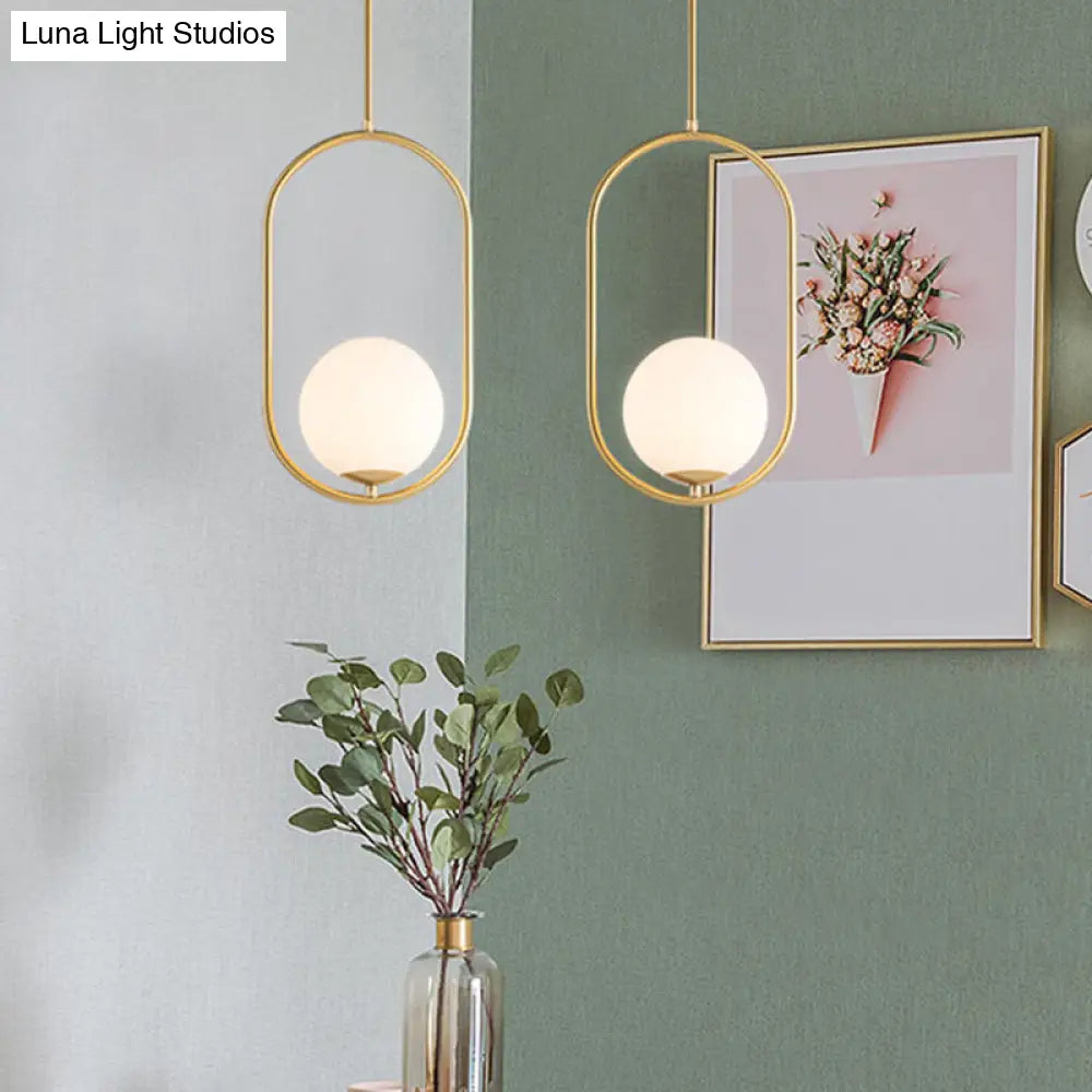 Modern Opal Glass Globe Pendant Light With Gold Finish And Oval Frame / Small