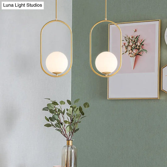 Modern Opal Glass Globe Pendant Light With Gold Finish And Oval Frame / Small