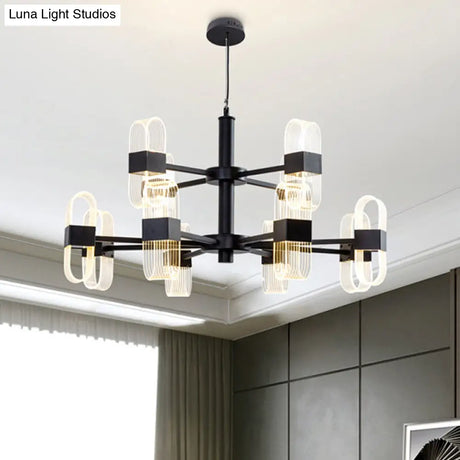 Modern Oval Chandelier Light - Acrylic 6/8/12 Heads Living Room Hanging Lamp With Black Rod