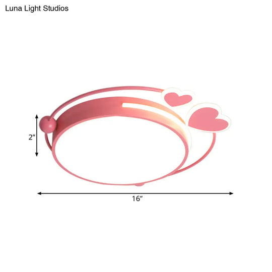 Modern Pink Drum Flush Mount Led Ceiling Lamp With Loving Heart Design In Warm/White Light