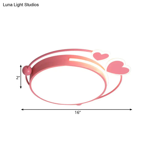 Modern Pink Drum Flush Mount Led Ceiling Lamp With Loving Heart Design In Warm/White Light