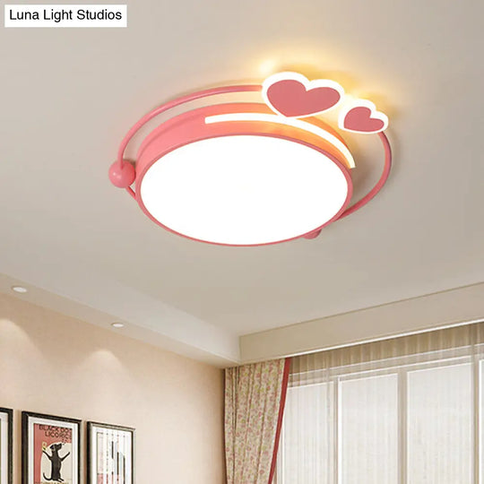 Modern Pink Drum Flush Mount Led Ceiling Lamp With Loving Heart Design In Warm/White Light / Warm