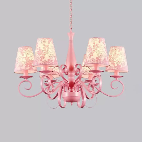 Modern Pink Fabric Chandelier With Tapered Shades - 6 Lights Pendant For Study Room / Flower