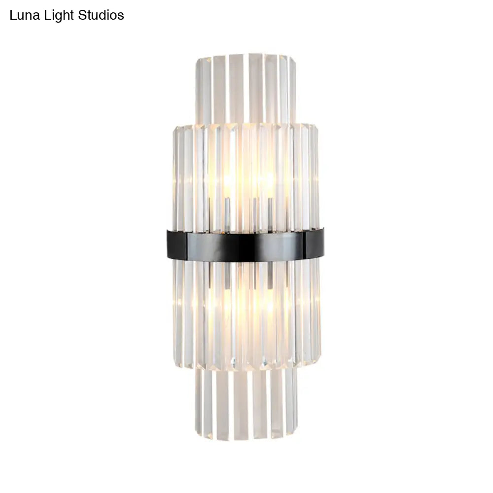 Modern Prism Crystal Wall Mount Lamp With 2 Tiers Bulbs And Black Half-Cylinder Shade