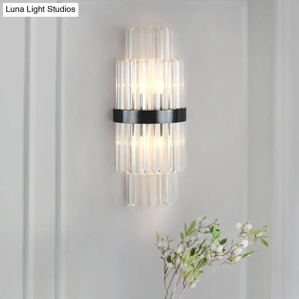 Modern Prism Crystal Wall Mount Lamp With 2 Tiers Bulbs And Black Half-Cylinder Shade