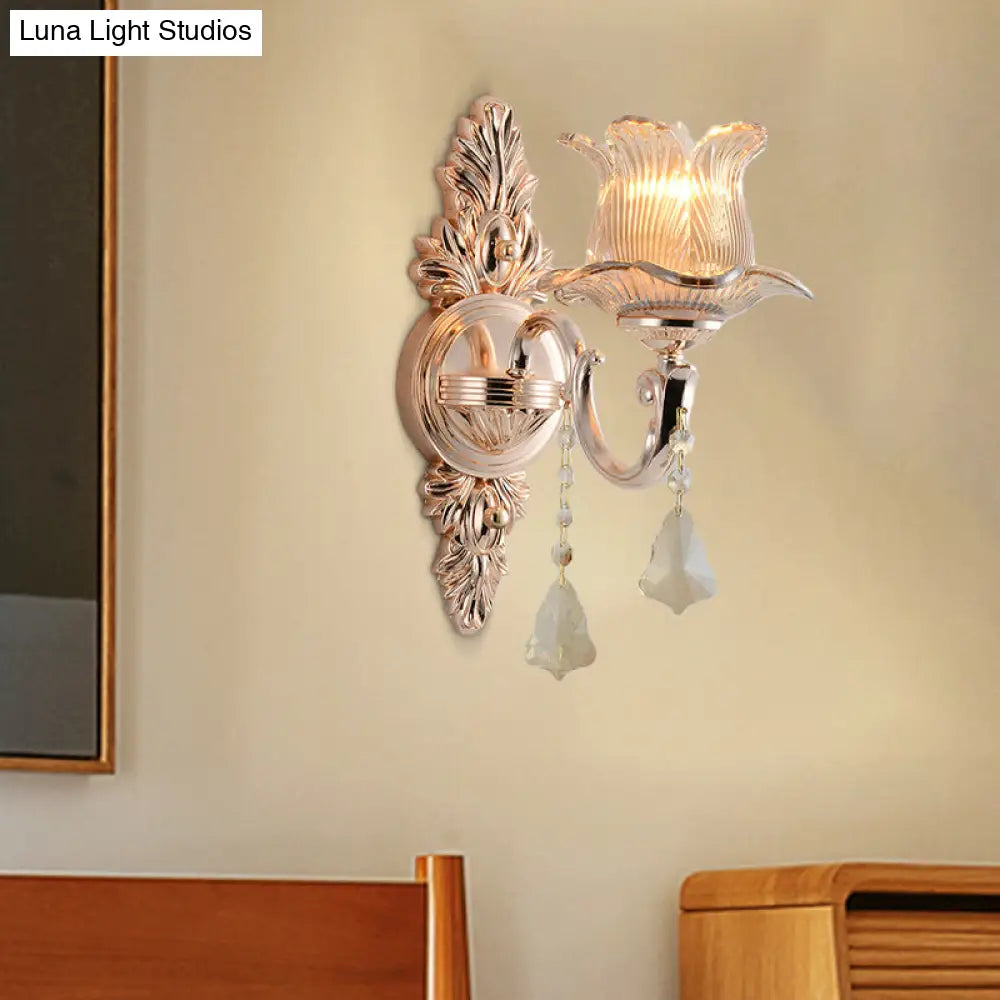 Modern Prism Glass Flower Wall Sconce Light - Brass With Crystal Accent