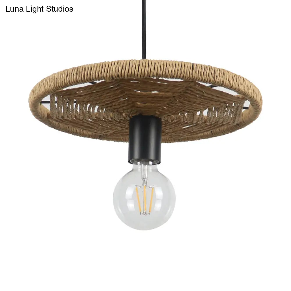 Modern Rattan Pendant Lamp Round Shape Beige 1 Head Open Bulb