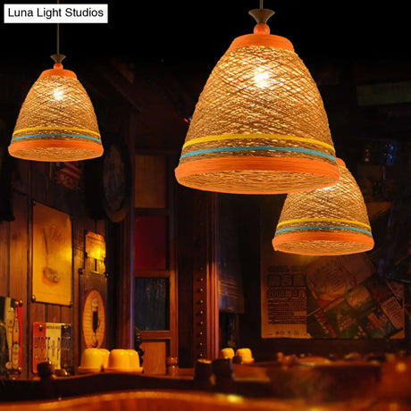 Modern Rattan Tapered Ceiling Lamp - 10’/14’/16’ Wide Yellow/Brown Pendant Light 1 Bulb