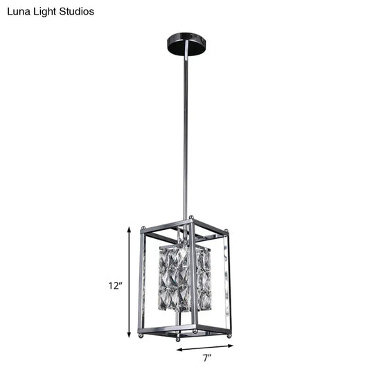 Modern Rectangle Cage Balcony Pendant Lamp With Clear Crystal Shade - Nickel Finish