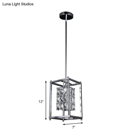 Modern Nickel Rectangle Cage Balcony Pendant Lamp - Inner Clear Crystal Shade 1 Light Ceiling