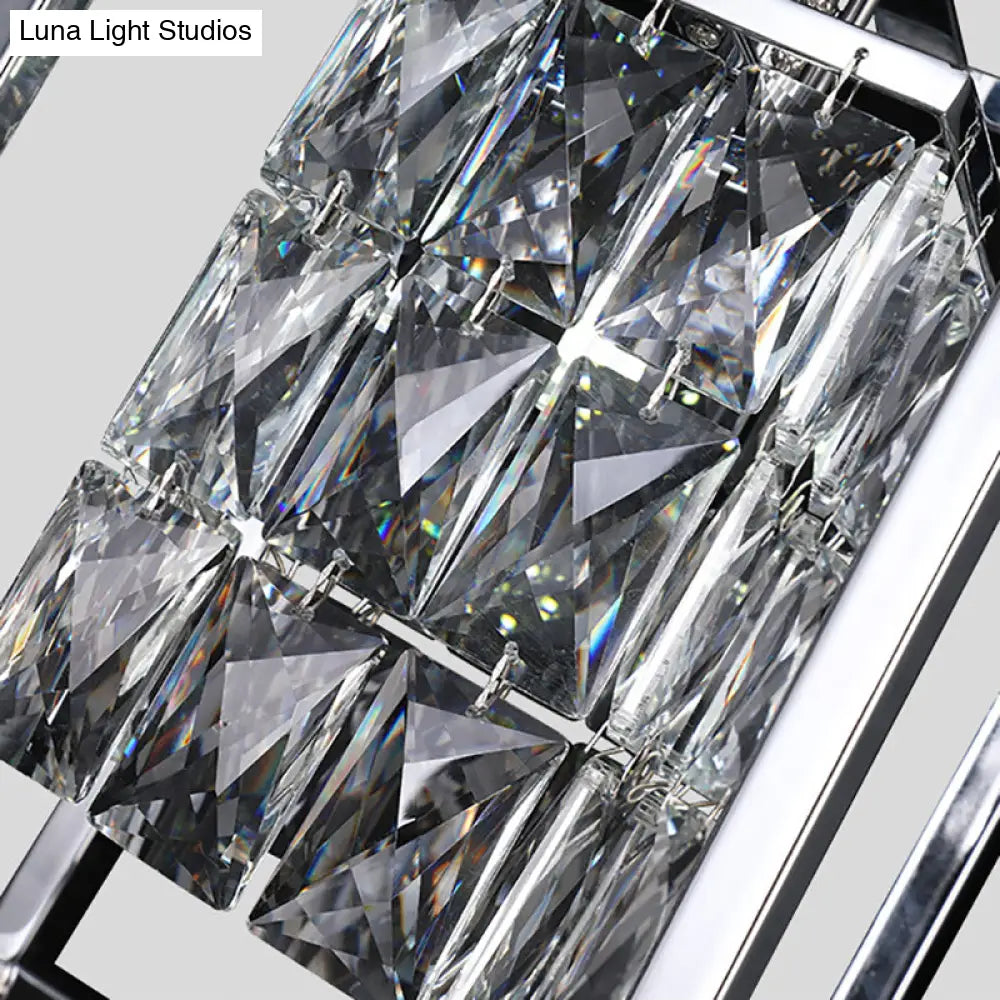 Modern Rectangle Cage Balcony Pendant Lamp With Clear Crystal Shade - Nickel Finish