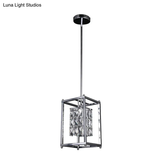 Modern Rectangle Cage Balcony Pendant Lamp With Clear Crystal Shade - Nickel Finish