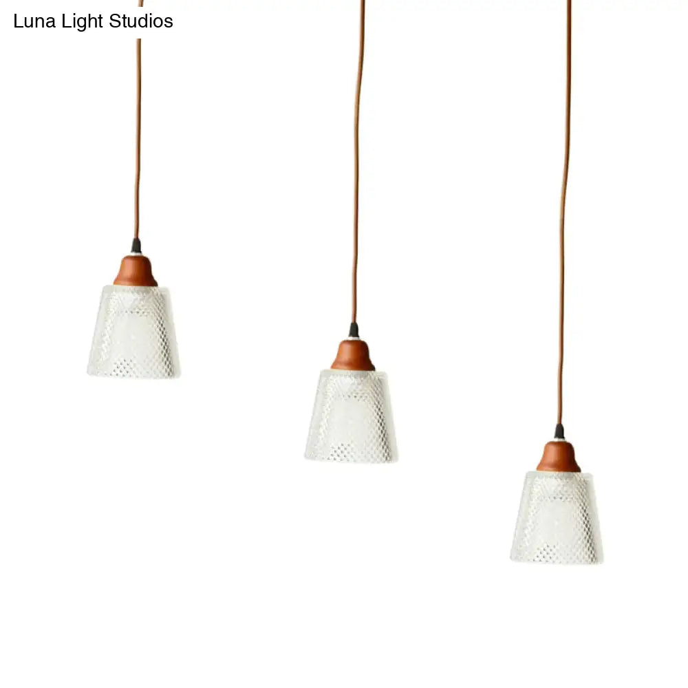 Modern Red Brown Glass Island Pendant Light - 3 Prismatic Heads Conical/Round Suspension