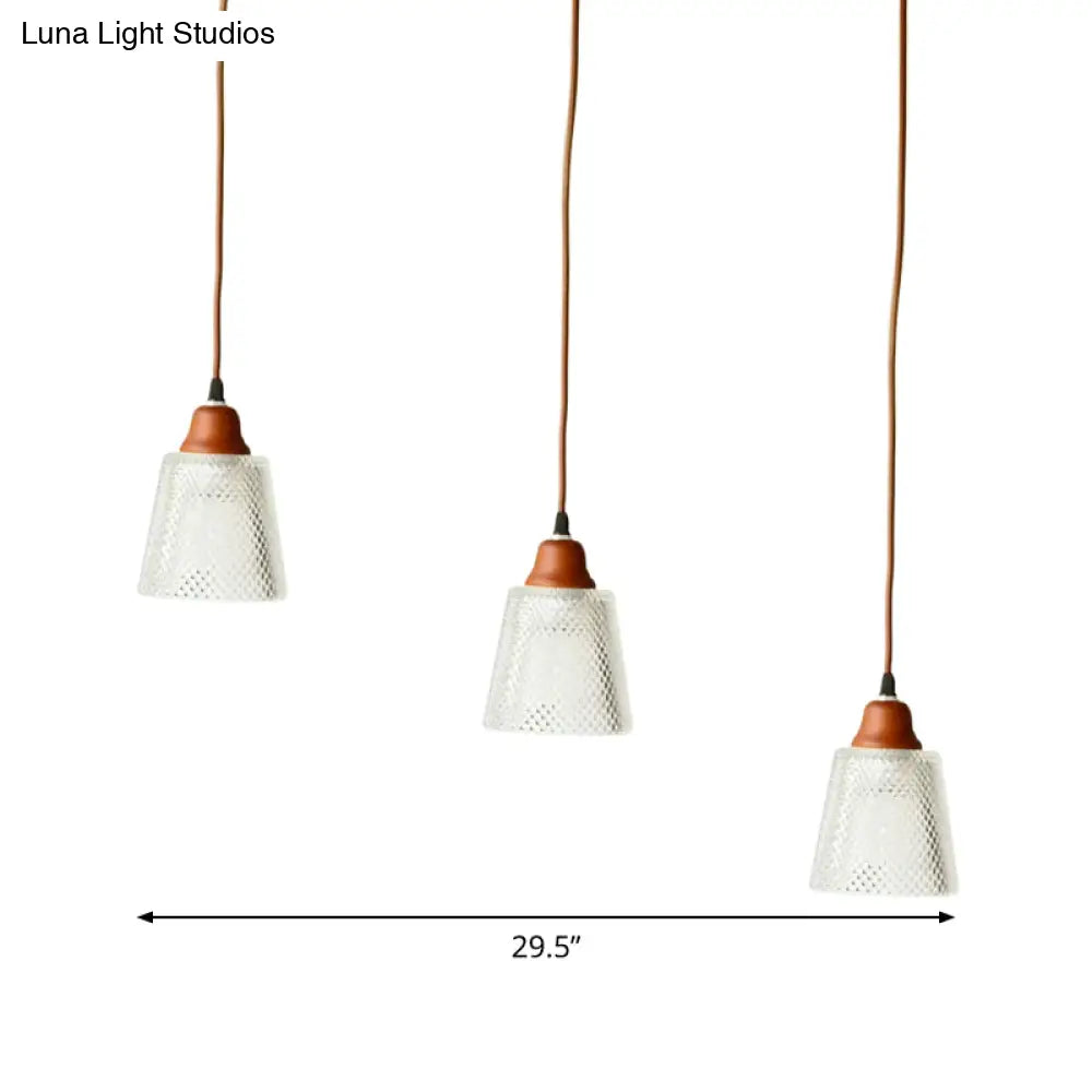 Modern Red Brown Glass Island Pendant Light - 3 Prismatic Heads Conical/Round Suspension