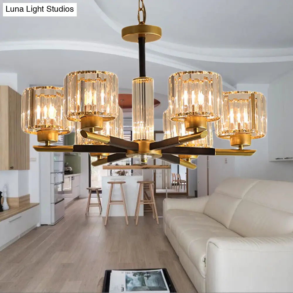 Modern Ribbed Crystal Cylinder Chandelier Pendant - 3/6/8 Head Bedroom Hanging Lamp Kit 6 / Gold