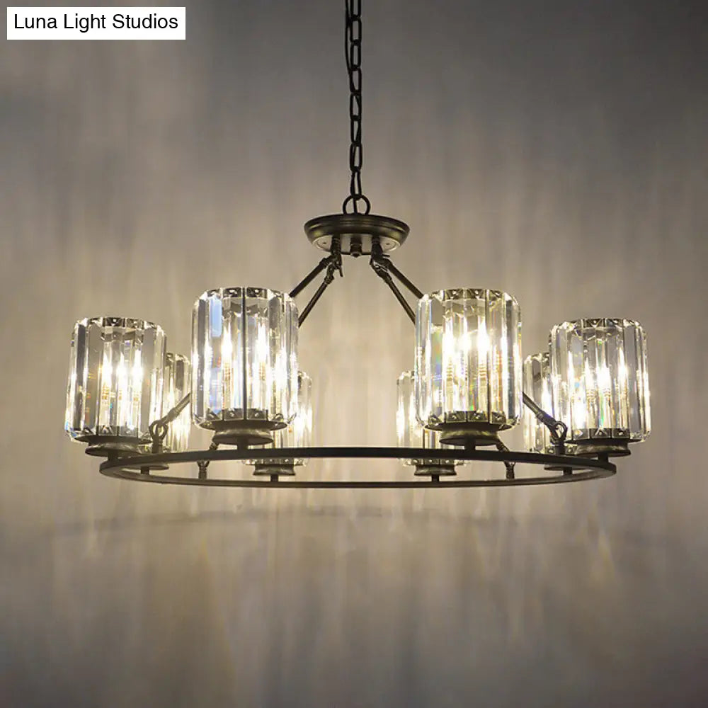 6/8 Bulb Clear Crystal Ring Chandelier With Black Cylinder Shade