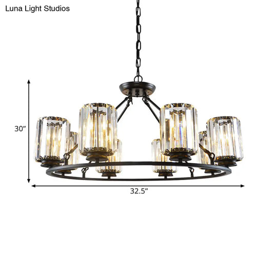 Modern Ring Crystal Chandelier With Clear Cylinder Shade - 6 Or 8 Bulbs Black Suspension Lamp