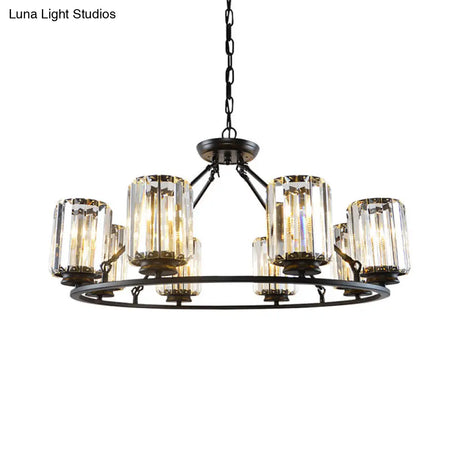 Modern Ring Crystal Chandelier With Clear Cylinder Shade - 6 Or 8 Bulbs Black Suspension Lamp