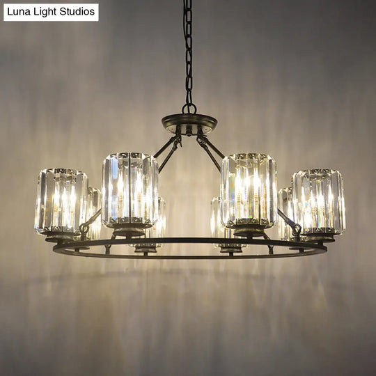 Modern Ring Crystal Chandelier With Clear Cylinder Shade - 6 Or 8 Bulbs Black Suspension Lamp