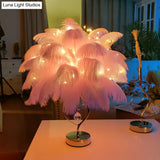 Modern Romantic Pink/White Led Nightstand Lamp With K9 Crystal Drop - Palm Tree Feather Table