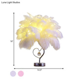 Modern Romantic Pink/White Led Nightstand Lamp With K9 Crystal Drop - Palm Tree Feather Table