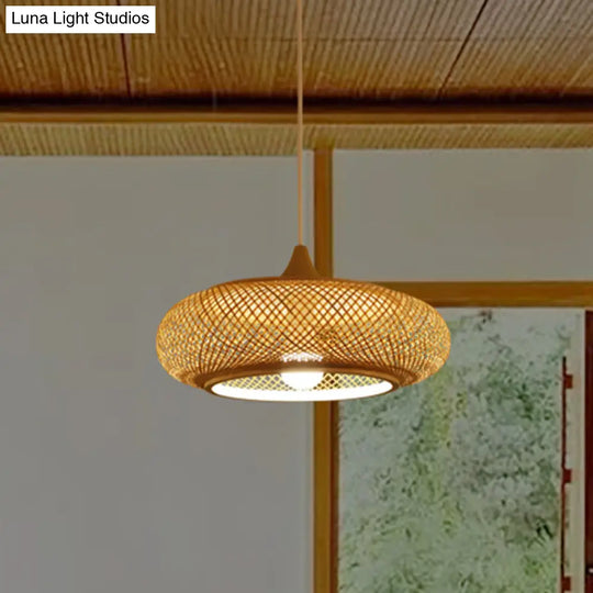 Modern Round Bamboo Pendant Lamp For Tea Room - Beige Ceiling Light