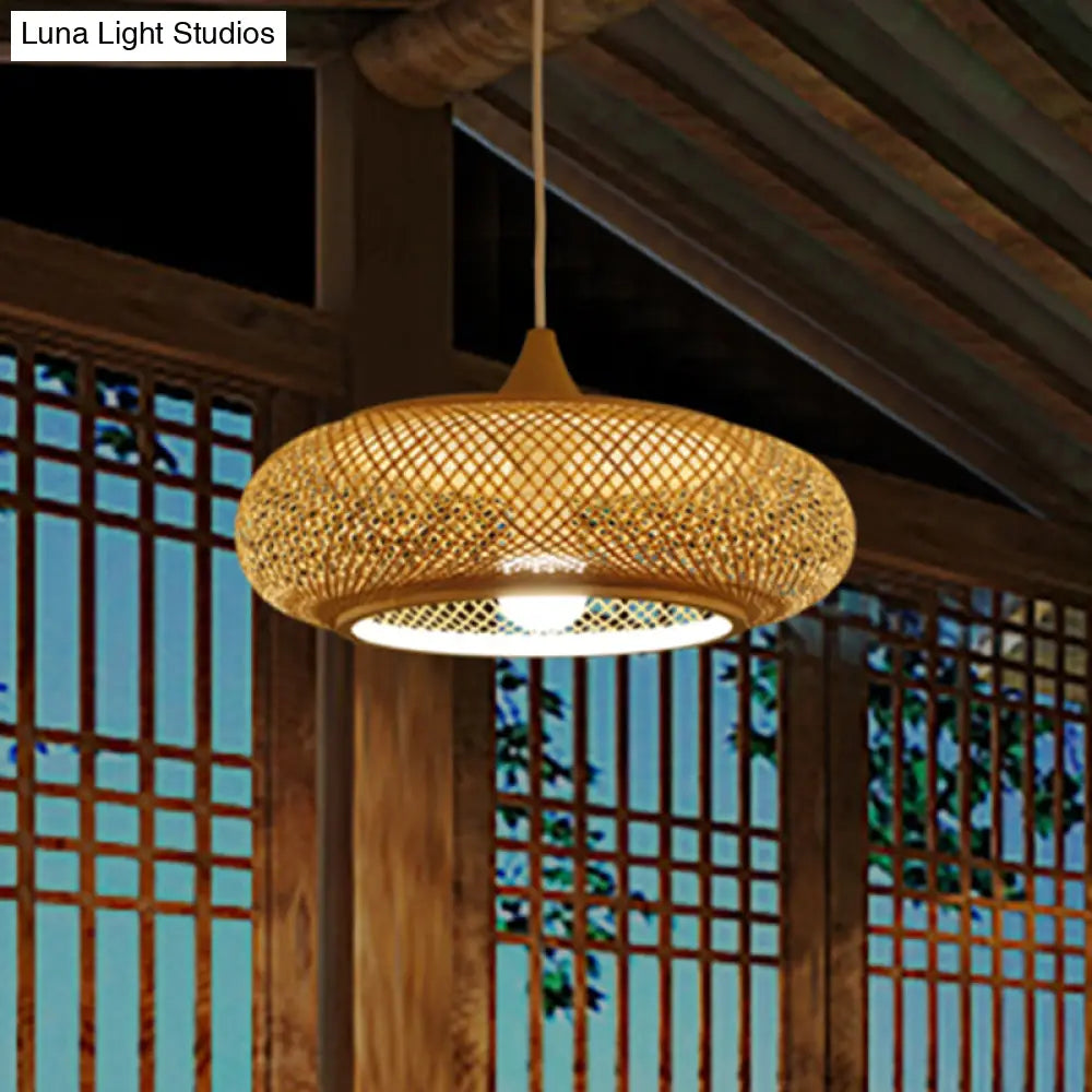 Modern Round Bamboo Pendant Lamp - Beige 1 Head Ceiling Light For Tea Room