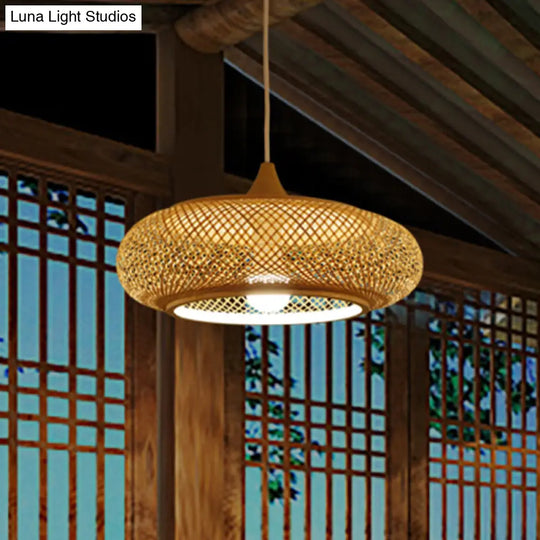 Modern Round Bamboo Pendant Lamp - Beige 1 Head Ceiling Light For Tea Room
